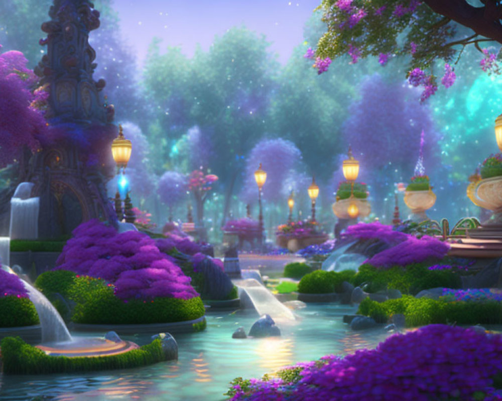 Serene garden with purple foliage, waterfalls, lampposts, and river