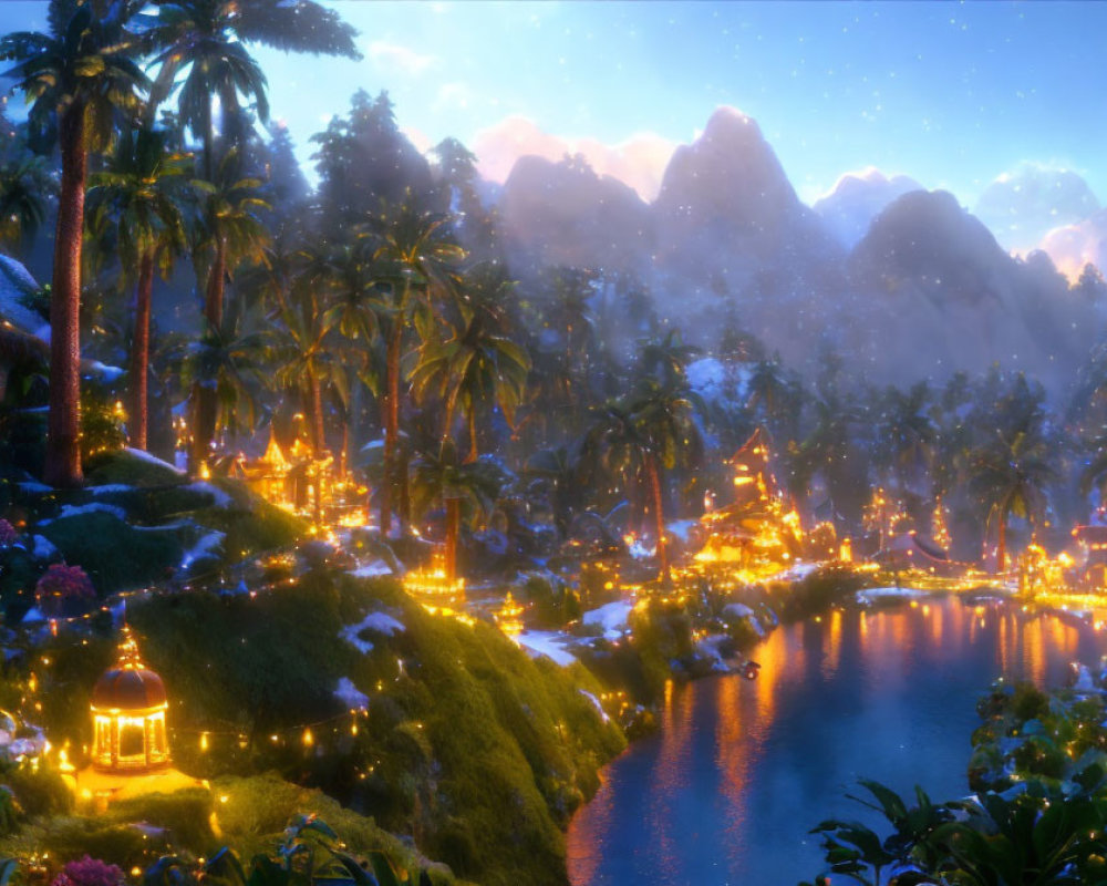 Tropical village with snowfall, palm trees, decorated buildings, and river at dusk