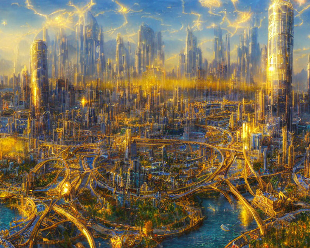 Futuristic cityscape with towering skyscrapers and luminous buildings
