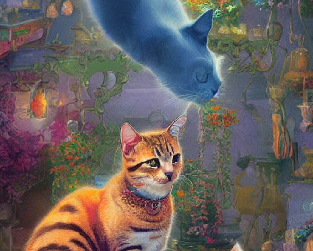 Whimsical artwork of large blue cat with smaller cats among lush flora