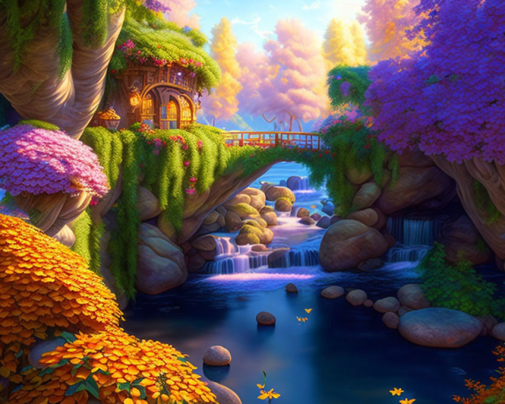 Vibrant landscape with treehouse, bridge, stream, and colorful flora