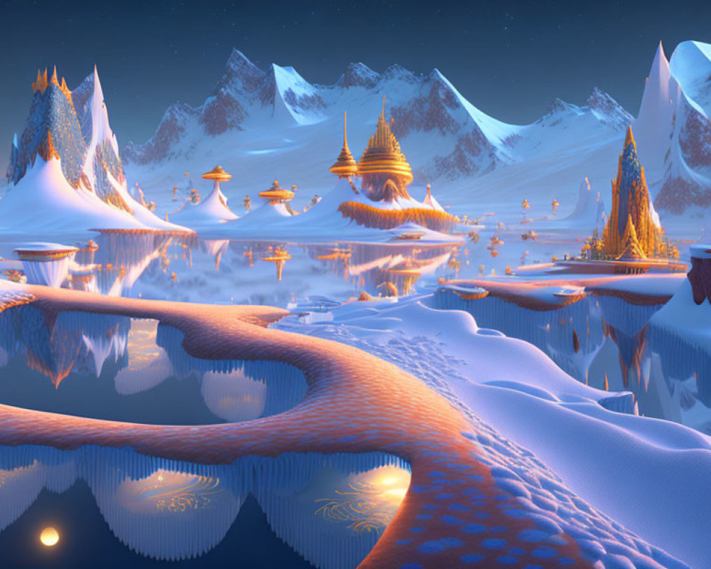 Golden structures in snowy fantasy landscape with icy water and starry sky