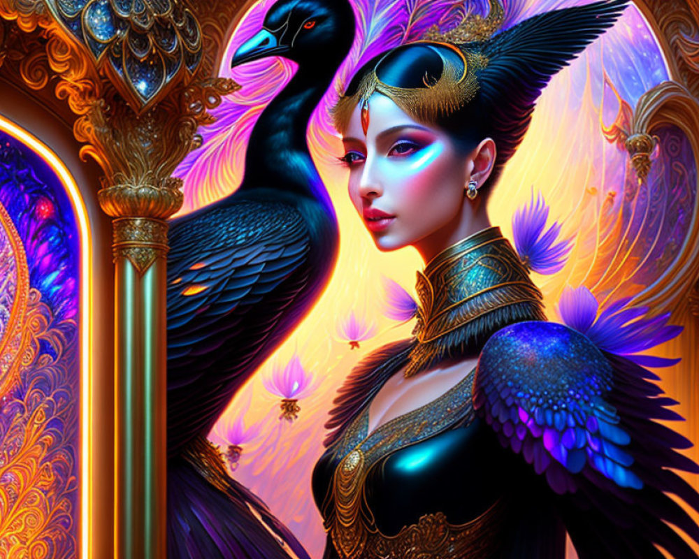 Vibrant woman with peacock features and stylized bird illustration