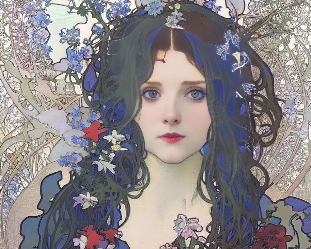 Woman with Blue Hair and Floral Art Nouveau Frame