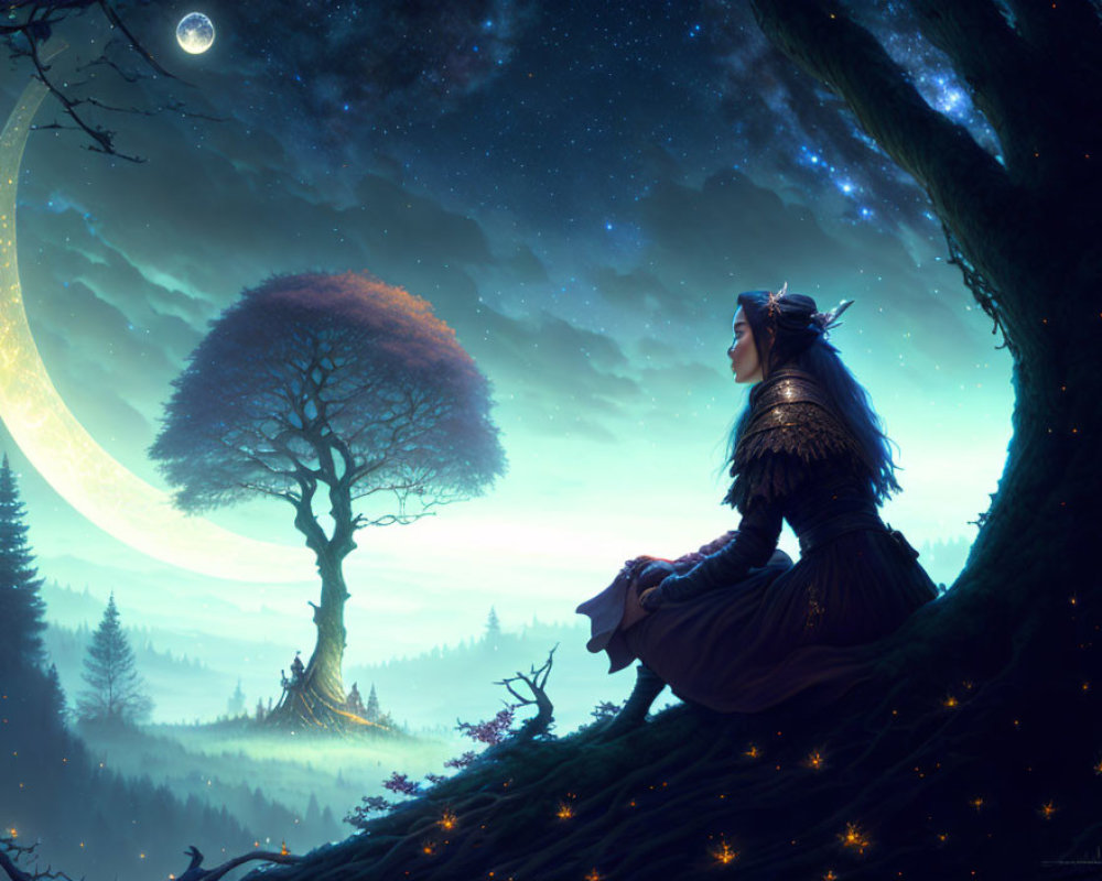 Woman in medieval attire under starry night sky beside large tree and glowing moon.