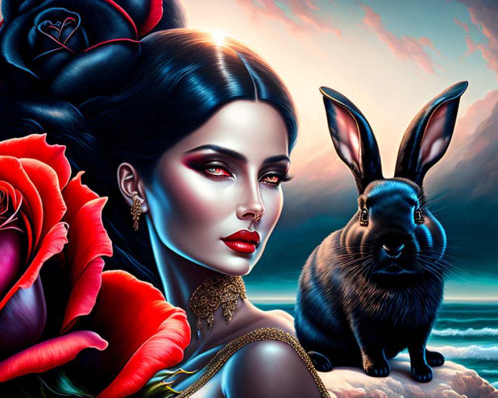 Colorful digital artwork of woman with striking makeup, black rabbit, red roses, and moody sky