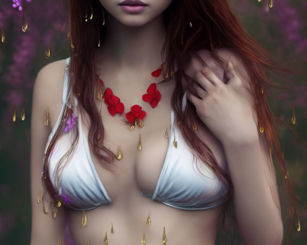 Red-haired woman in white top with red flowers against purple floral backdrop and gold droplets