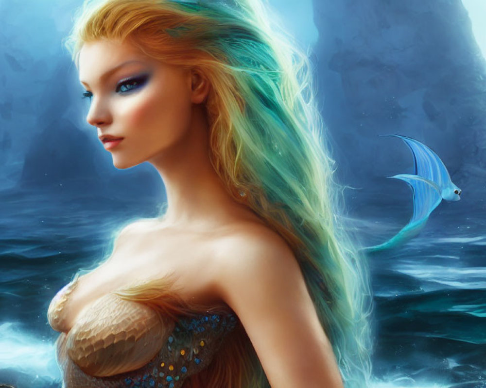 Blonde Mermaid Digital Art in Misty Seascape