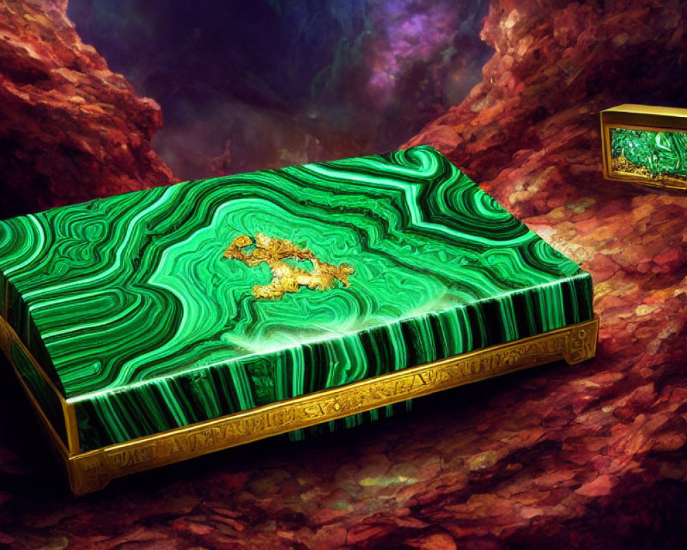 Emerald Green and Gold Embellished Box in Mystical Cavern Setting