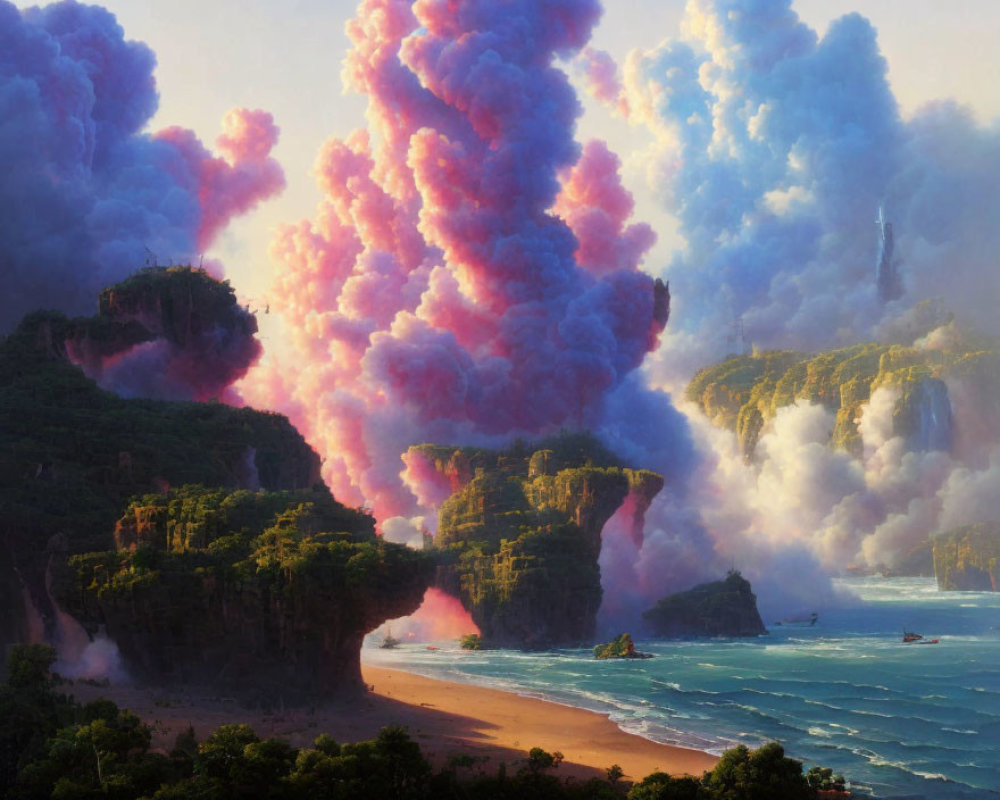 Scenic painting of cliffs, waterfalls, and beach with colorful sky