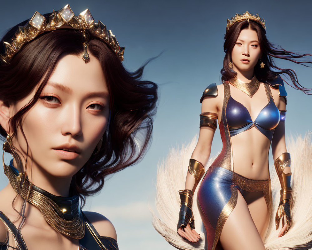 3D-rendered image of two female warriors in fantasy armor under a blue sky, one close-up