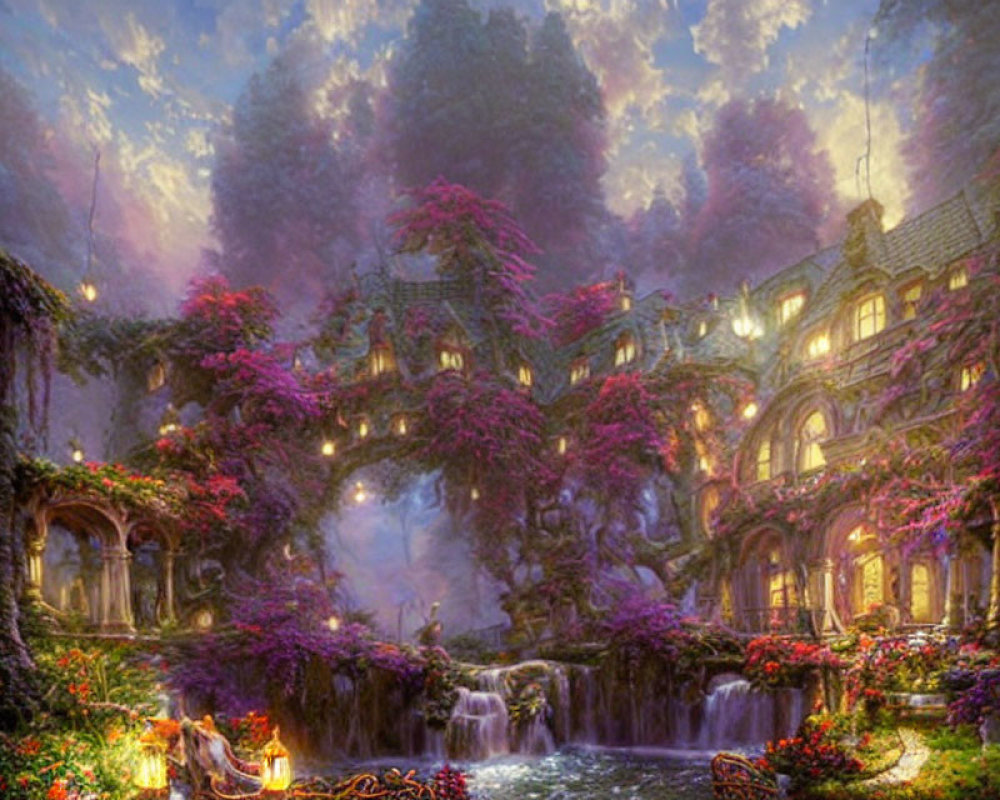 Twilight scene with stone manor, pink flora, waterfalls, greenery, purple sky