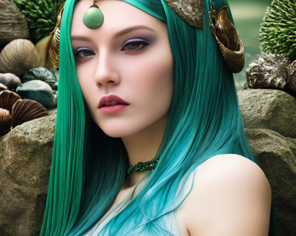 Fantasy-themed portrait of woman with turquoise hair and nature backdrop