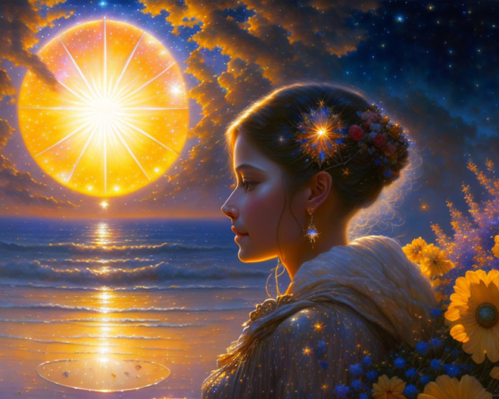 Profile of woman with flowers in hair gazing at star above sea under night sky