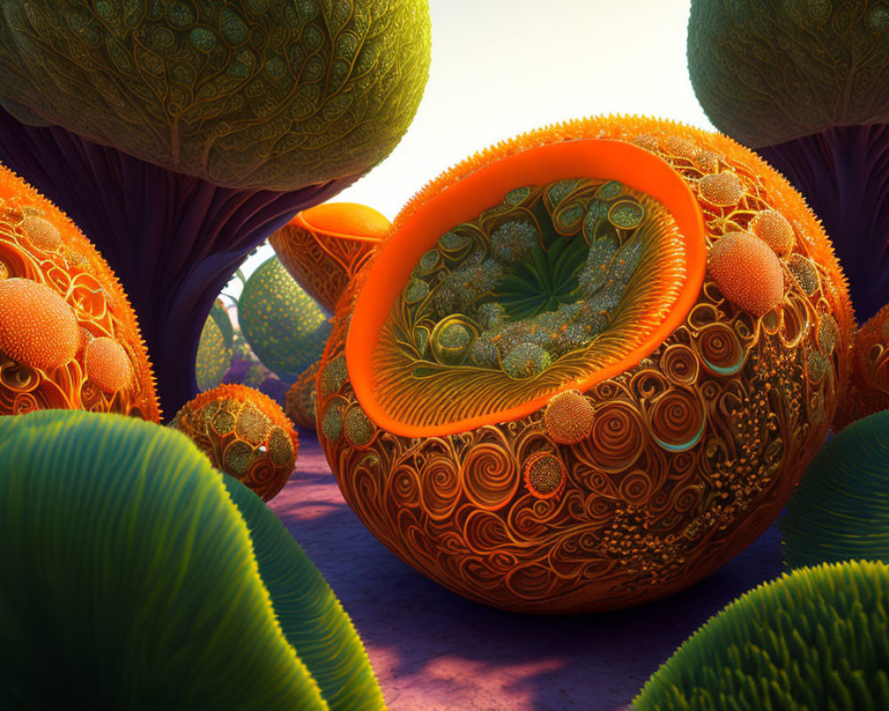 Colorful surreal landscape with orange spheres and green trees under purple sky