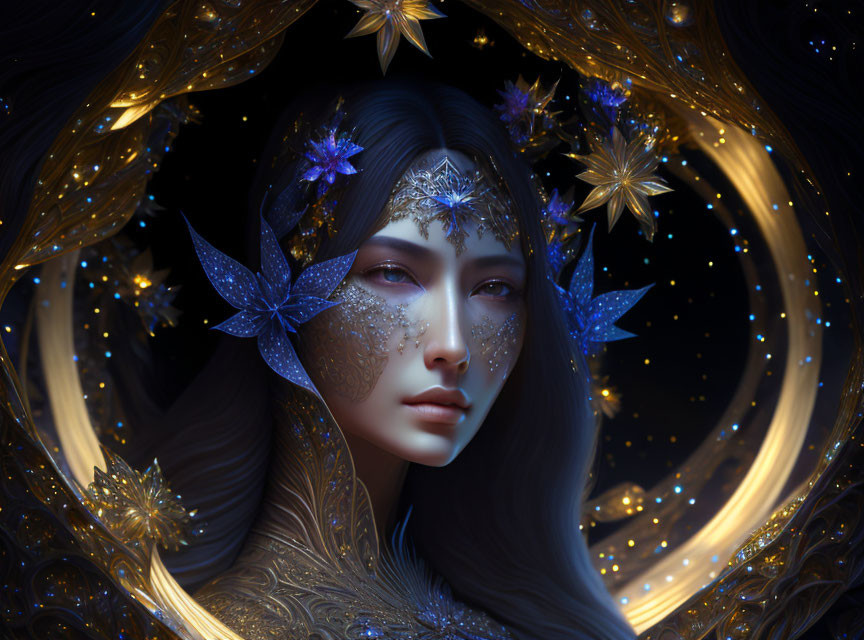 Surreal portrait of woman with starry elements and cosmic background