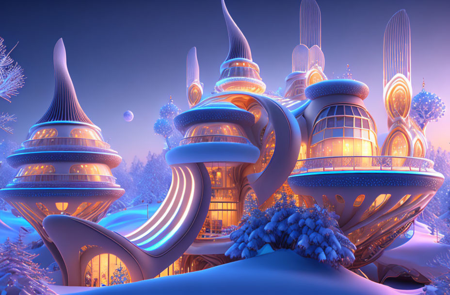 Futuristic cityscape with illuminated buildings in winter twilight