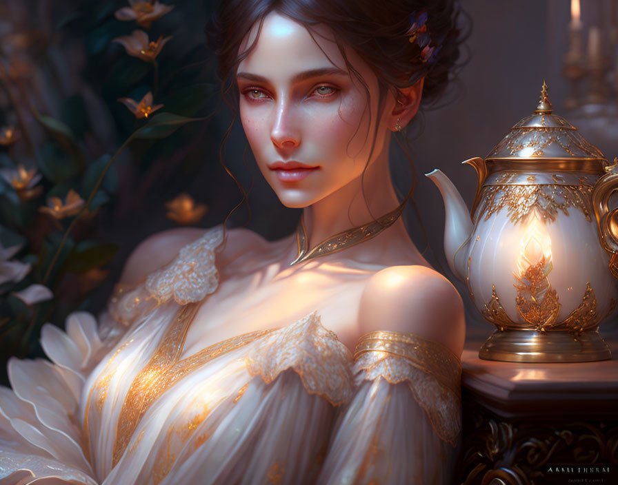 Detailed digital artwork of a woman in golden jewelry against a floral backdrop