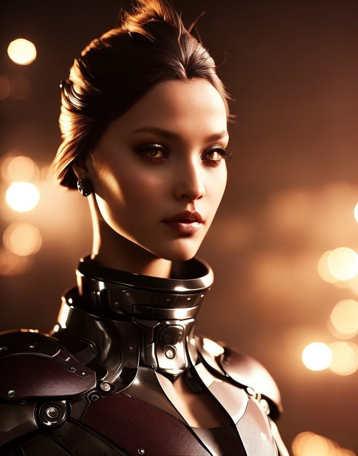 Futuristic woman in robot-like suit with styled hair and collar on warm bokeh background