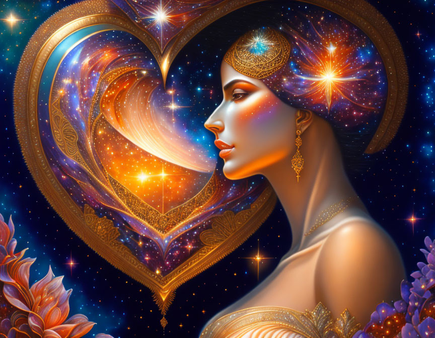 Cosmic-themed digital art featuring a woman adorned with jewelry in a heart-shaped space scene