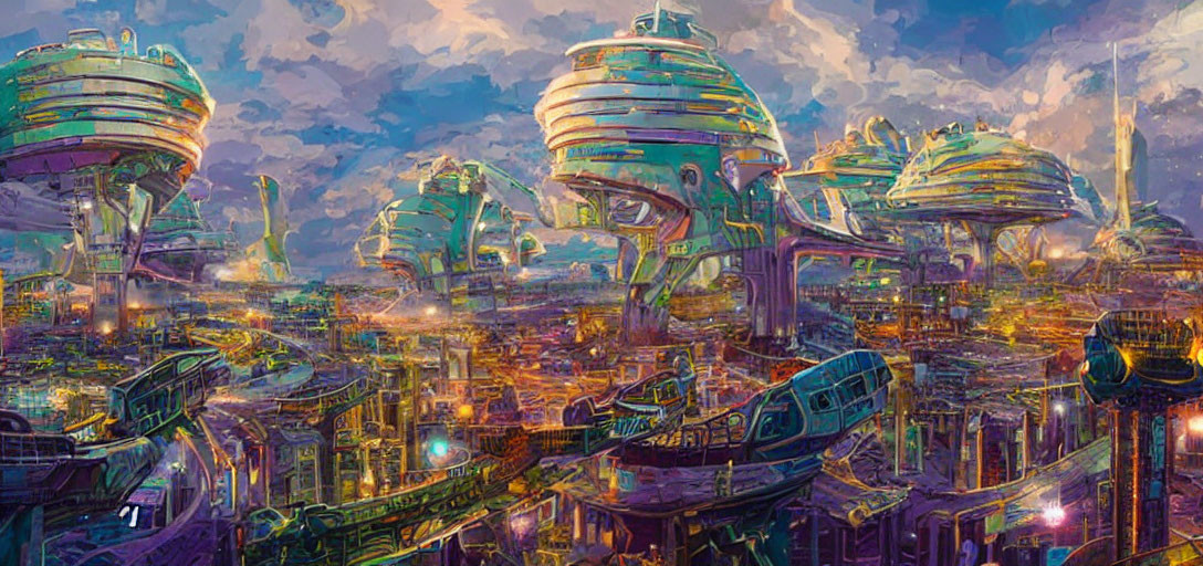 Vibrant futuristic cityscape with dome-like structures and flying vehicles at twilight