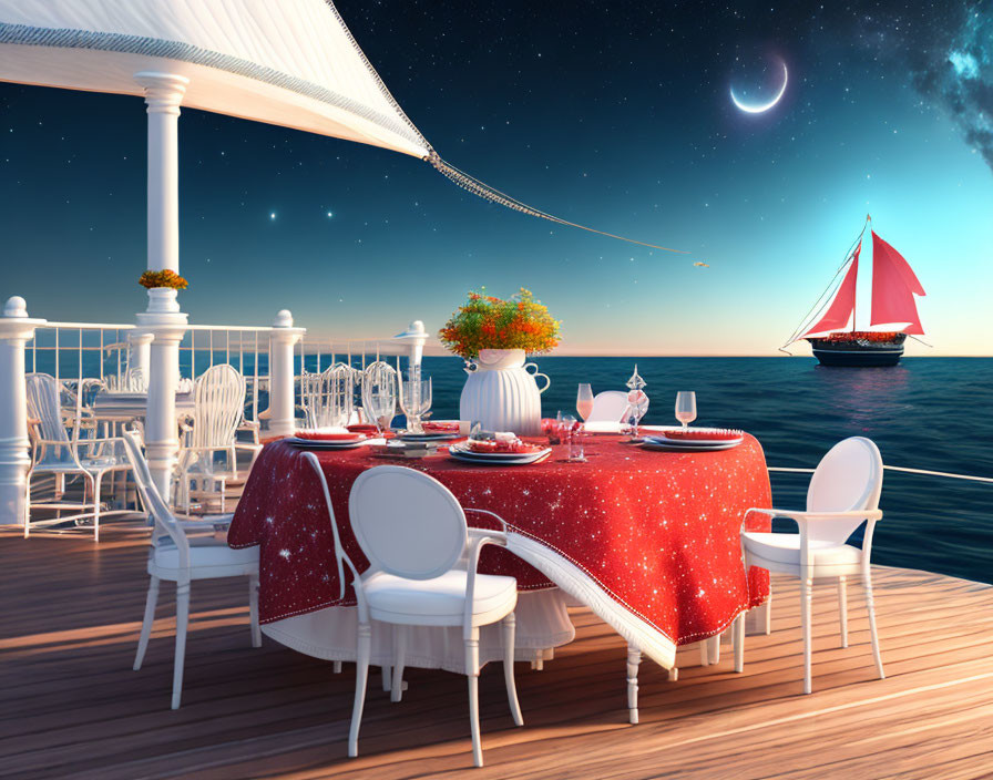 Intimate yacht dinner setup with red sailboat and starry sky