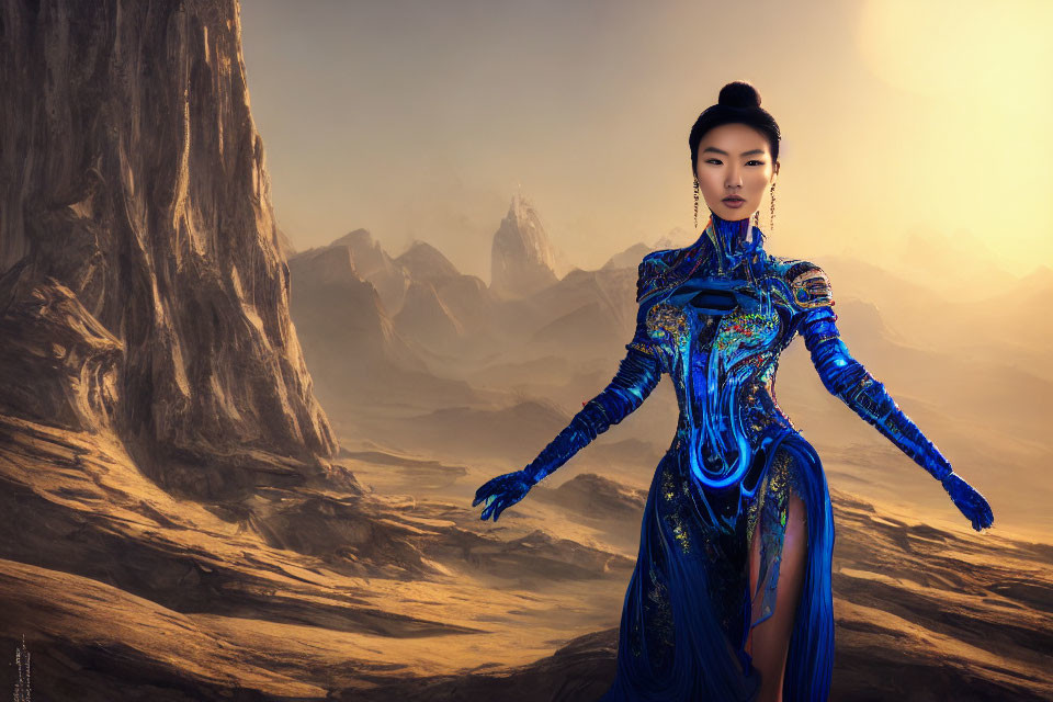 Woman in blue and gold outfit in desert landscape with cliffs and spires.
