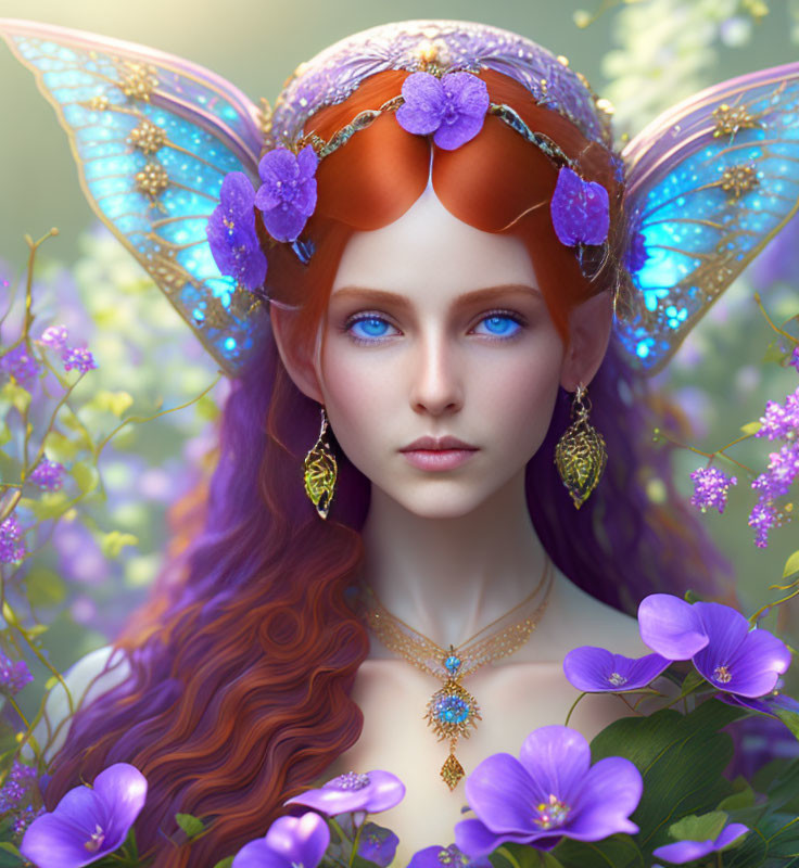 Fantasy female character with blue eyes, wings, auburn hair, tiara, gold jewelry