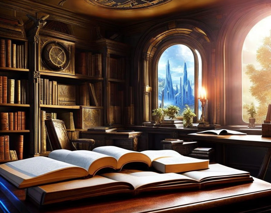 Opulent library with towering bookshelves and mountain view under warm sunlight