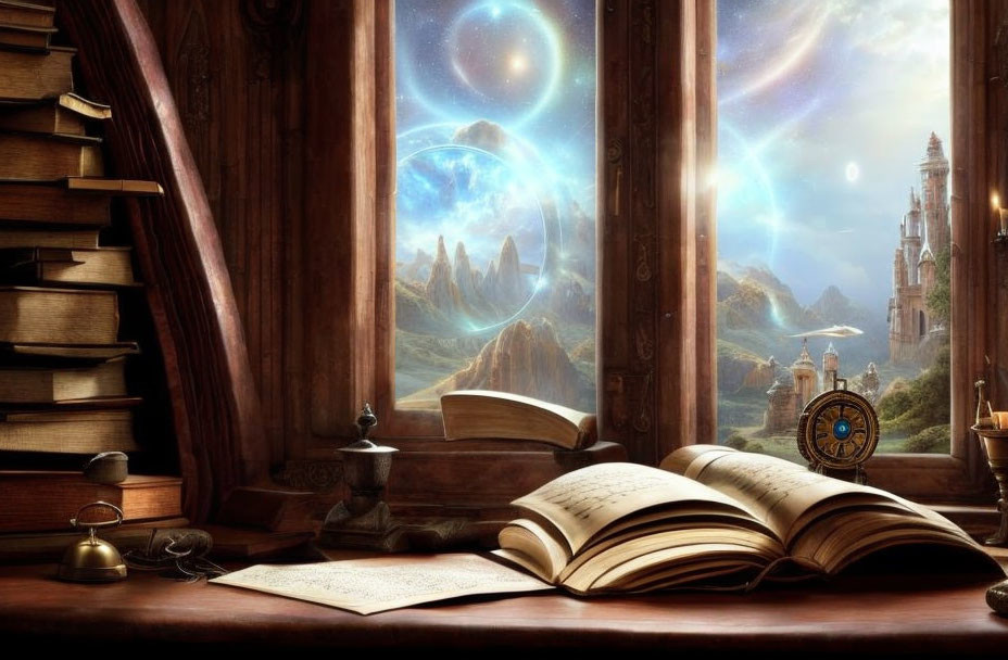 Fantastical Study Room with Open Book and Magical Landscape View