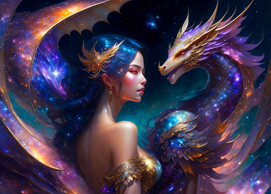 Blue-haired woman with golden feathers & dragon in galaxy backdrop