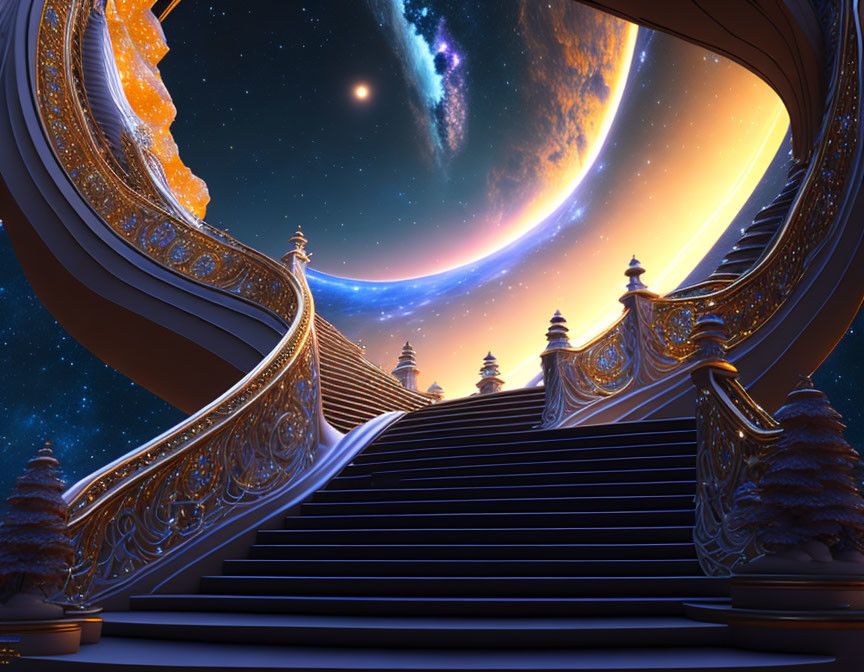 Ornate Staircase Ascending in Starry Sky with Galaxy and Silhouetted Pine