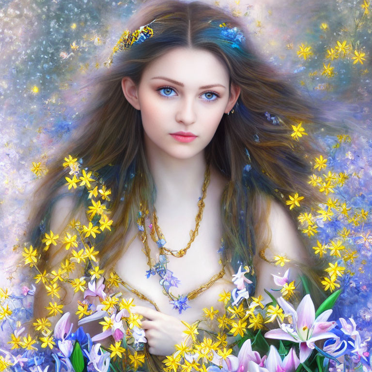 Fantastical portrait of woman with blue eyes in cosmic setting