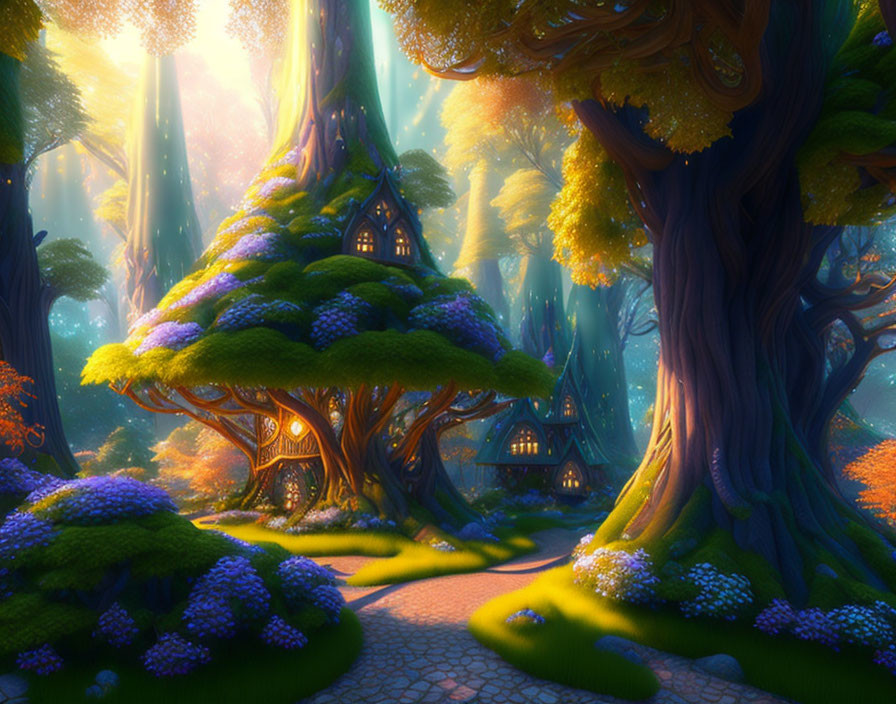 Enchanting forest with cobblestone path, whimsical treehouses, vibrant flowers