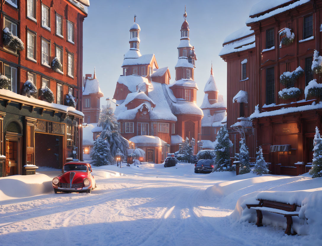 Vintage cars on snow-covered street in twilight town scene