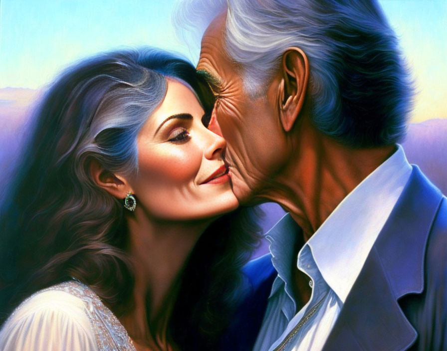 Elderly man and young woman share affectionate moment in colorful painting