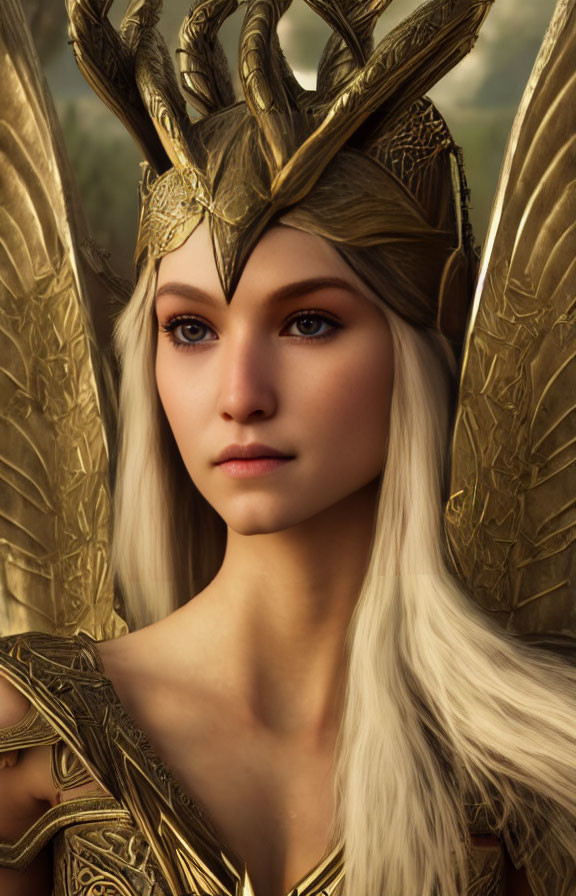 Pale-skinned woman in golden crown and ornate armor exudes regal aura