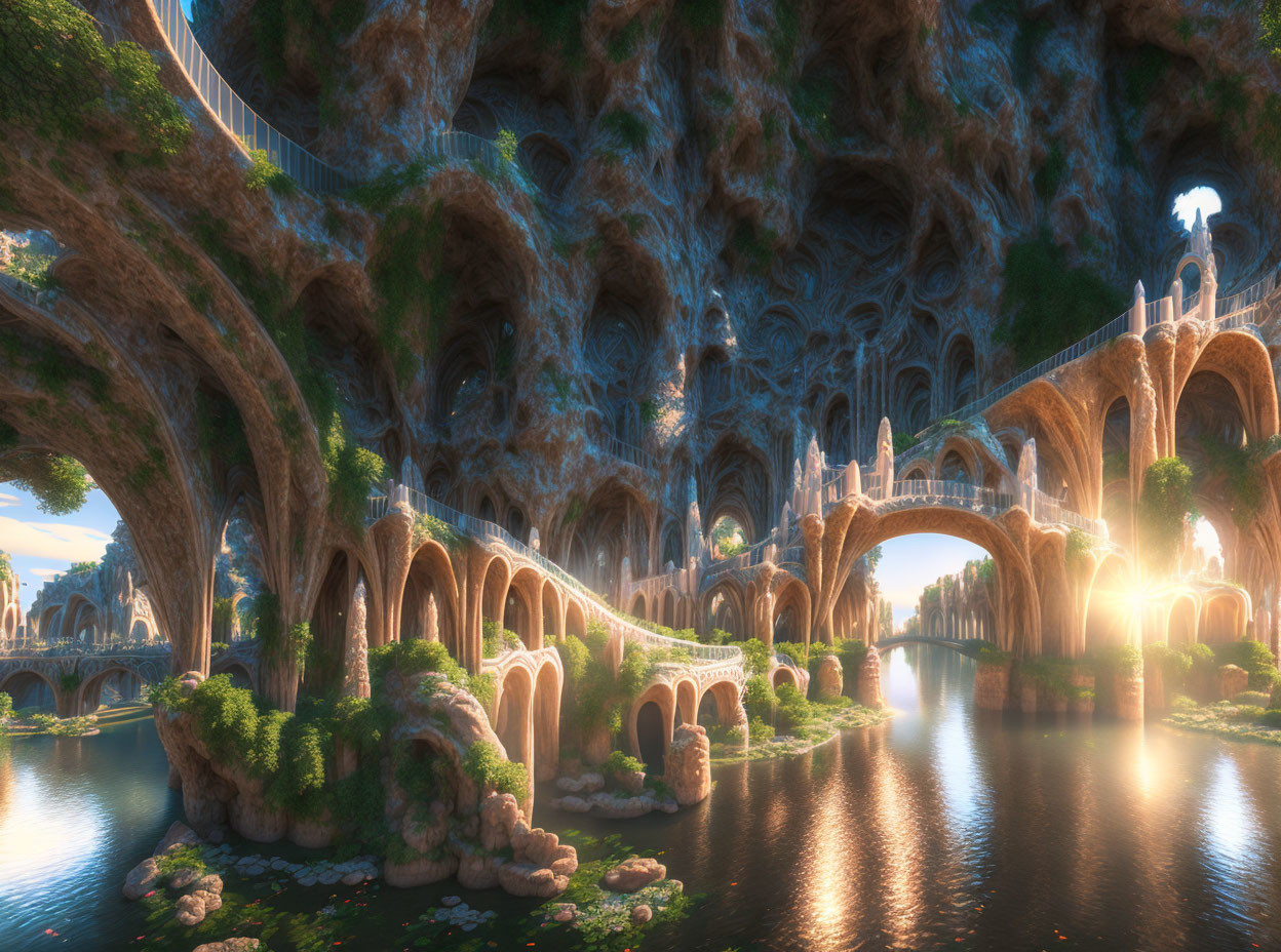 Intricate fantasy landscape with bridges, waterways, ornate architecture, lush vegetation, and magical