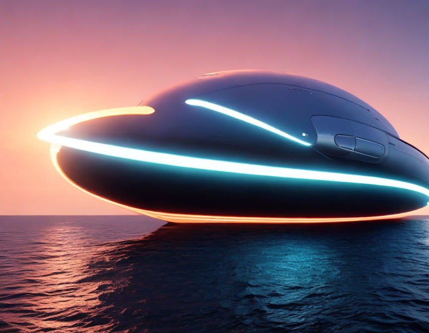 Futuristic spaceship with neon lights over ocean at sunset