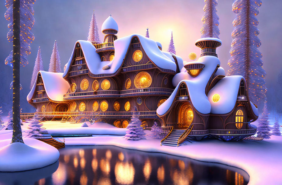 Whimsical multi-level building in snowy fantasy scene