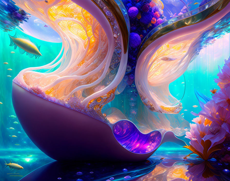Colorful surreal underwater scene with swirling patterns and fish among floral elements