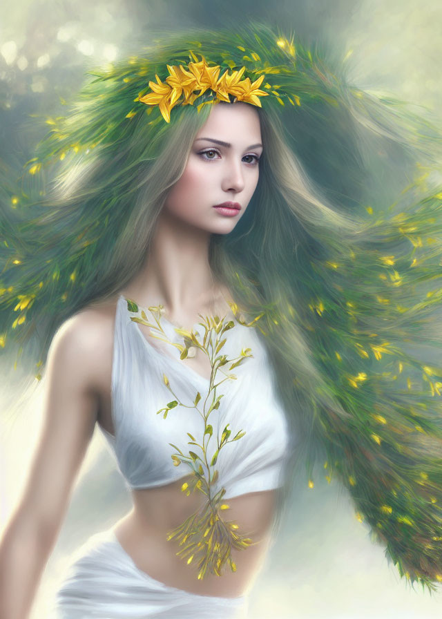 Mystical woman with green hair and floral adornments in white garment.