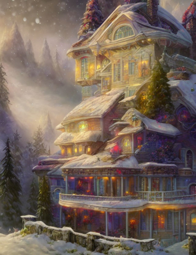 Snowy Holiday Decorated Multi-Story House in Winter Scene