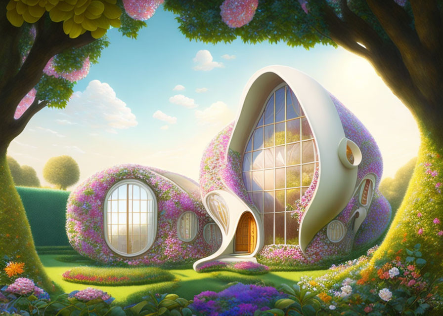 Futuristic egg-shaped house in vibrant garden