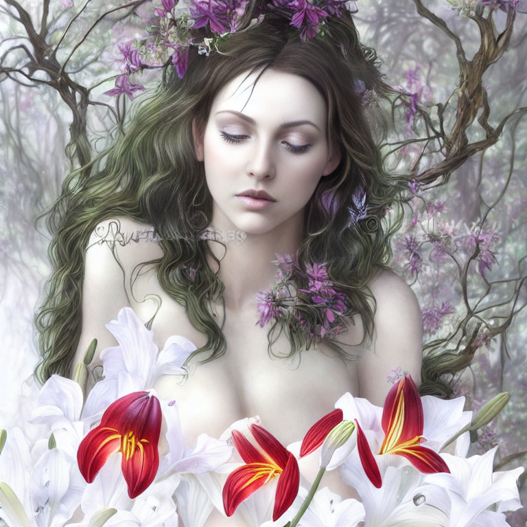 Woman with Dark Hair and Purple Flowers in Mystical Forest Setting