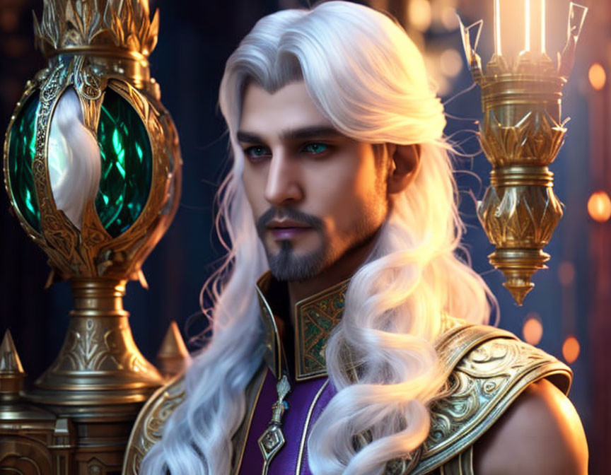 Fantasy king portrait with white hair in gold armor and torch backdrop