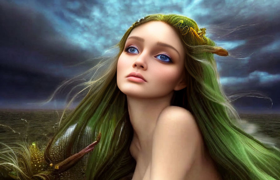 Fantastical digital artwork: Female figure with green hair, blue eyes, golden headpiece, under