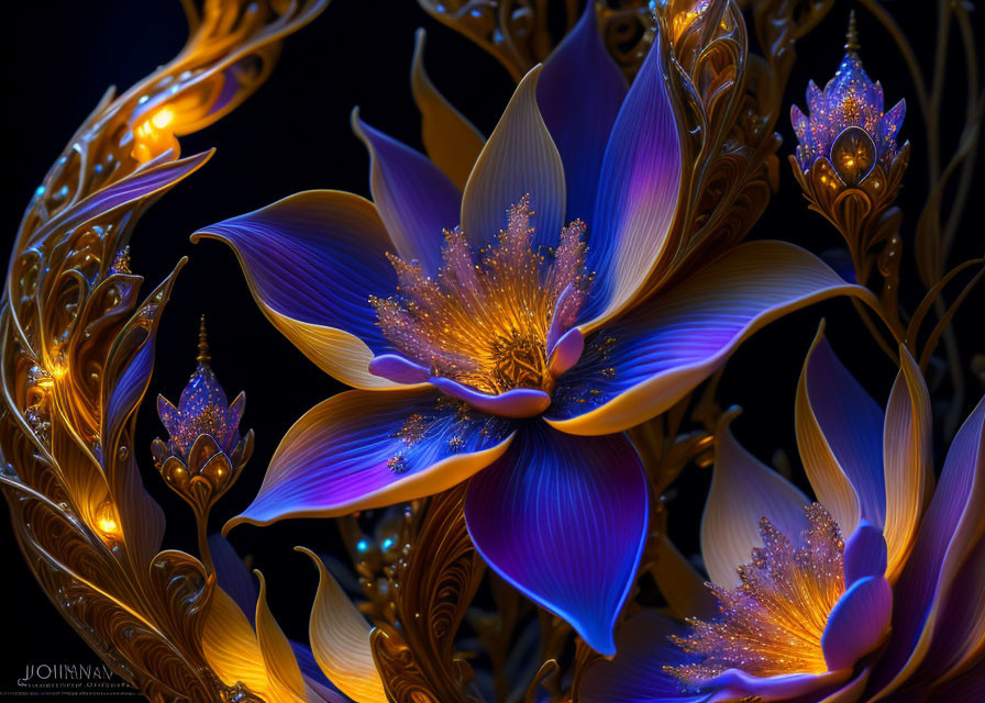 Stylized blue flower with golden details and glowing elements