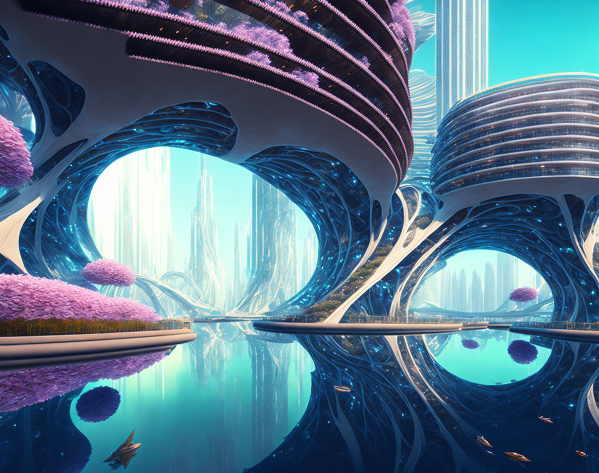 Futuristic cityscape with curved buildings, crystalline structures, and lush purple foliage
