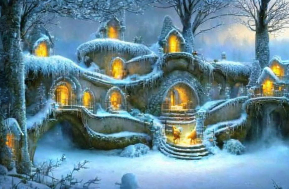 Snow-covered fantasy cottages in enchanting winter scene with glowing windows and illuminated staircase at twilight